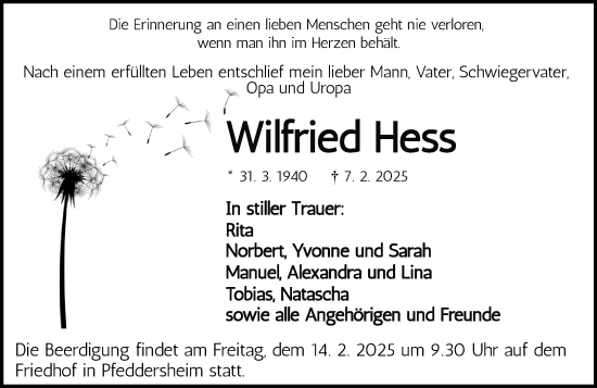 Traueranzeige von Wilfried Hess von Wormser Zeitung