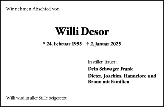 Traueranzeige von Willi Desor von Wiesbadener Kurier