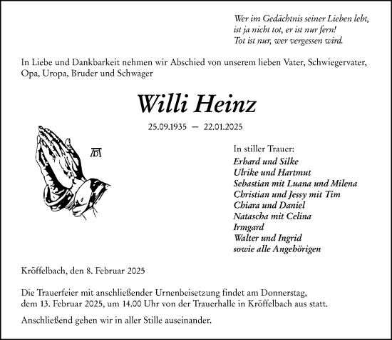 Traueranzeige von Willi Heinz von Wetzlarer Neue Zeitung