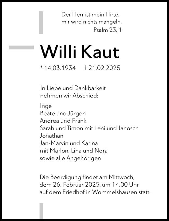Traueranzeige von Willi Kaut von Hinterländer Anzeiger