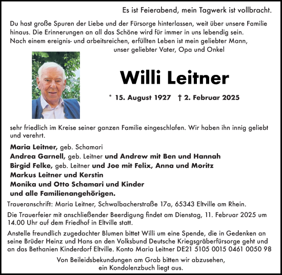 Traueranzeige von Willi Leitner von Rheingau Kurier