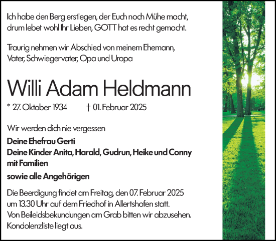 Traueranzeige von Willi Adam Heldmann von Darmstädter Echo