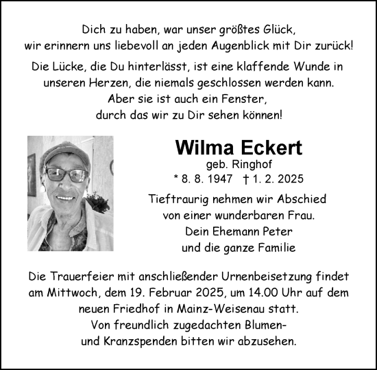 Traueranzeige von Wilma Eckert von Allgemeine Zeitung Mainz