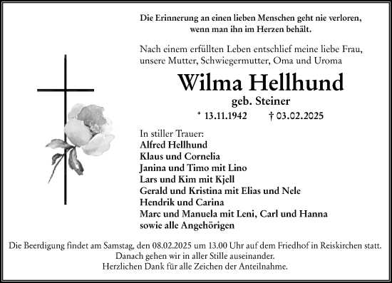 Traueranzeige von Wilma Hellhund von Wetzlarer Neue Zeitung