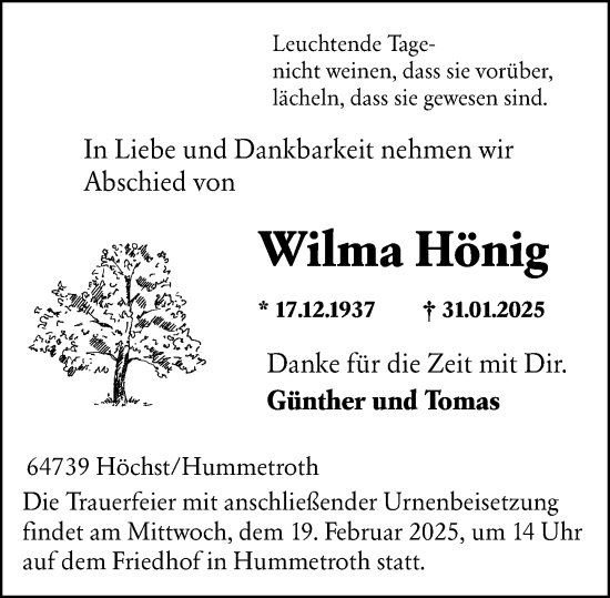 Traueranzeige von Wilma Hönig von Odenwälder Echo