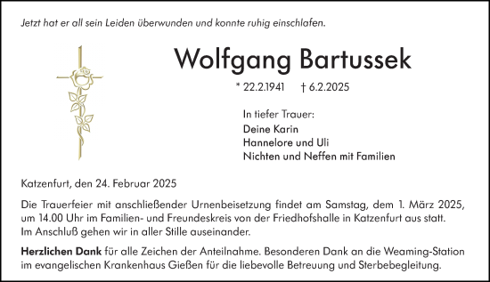 Traueranzeige von Wolfgang Bartussek von Wetzlarer Neue Zeitung
