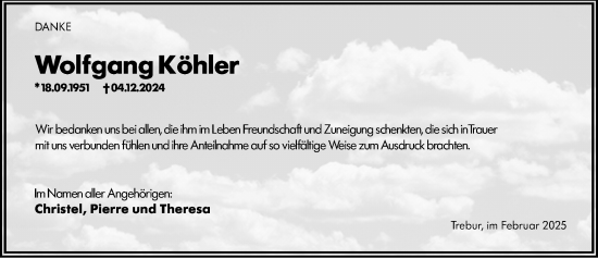 Traueranzeige von Wolfgang Köhler von Rüsselsheimer Echo