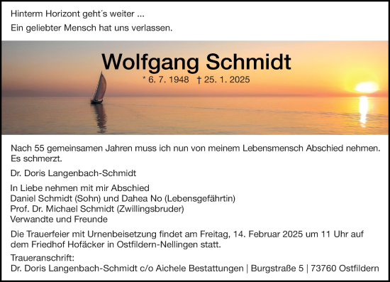 Traueranzeige von Wolfgang Schmidt von Wetzlarer Neue Zeitung