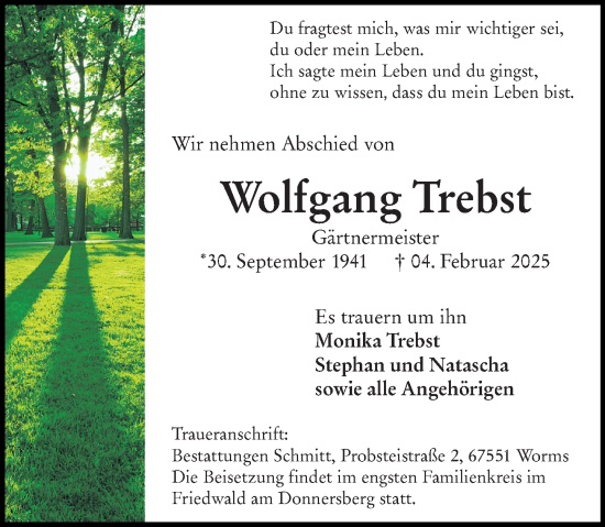 Traueranzeige von Wolfgang Trebst von Wormser Zeitung