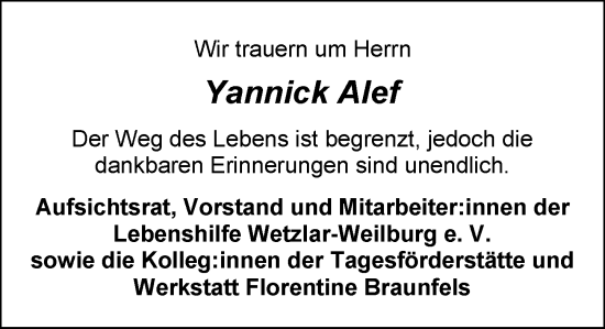 Traueranzeige von Yannick Alef von Weilburger Tageblatt