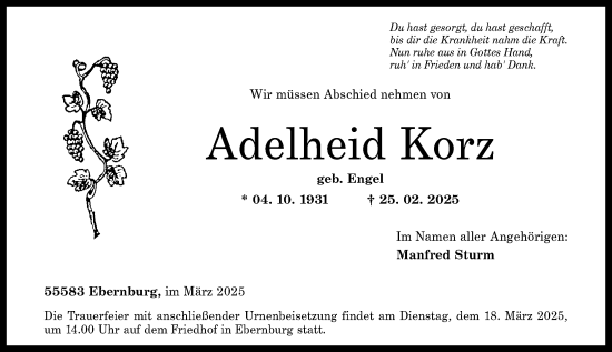 Traueranzeige von Adelheid Korz von Allgemeine Zeitung Rheinhessen-Nahe