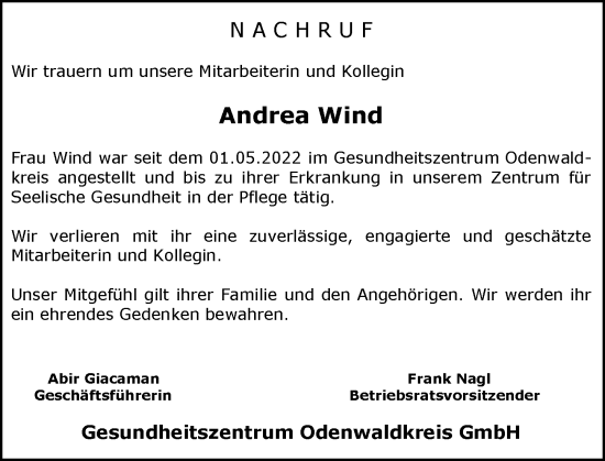 Traueranzeige von Andrea Wind von Odenwälder Echo