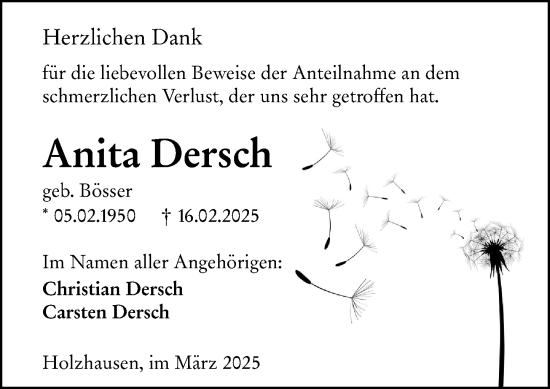 Traueranzeige von Anita Dersch von Hinterländer Anzeiger
