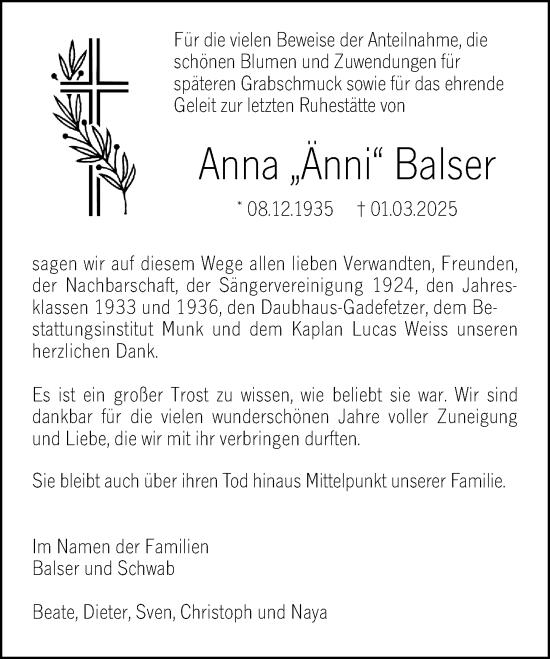 Traueranzeige von Anna Balser von Hochheimer Zeitung