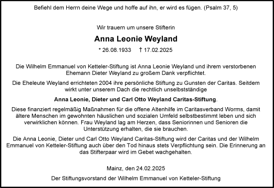 Traueranzeige von Anna Leonie Weyland von Wormser Zeitung