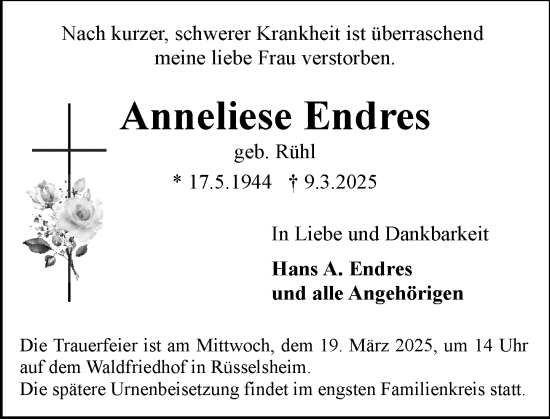 Traueranzeige von Anneliese Endres von Rüsselsheimer Echo