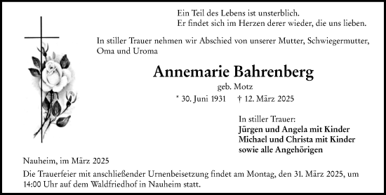 Traueranzeige von Annemarie Bahrenberg von Groß-Gerauer Echo