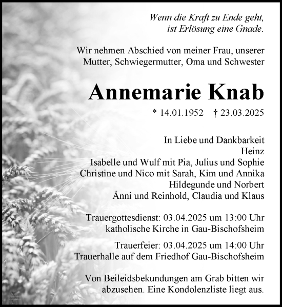 Traueranzeige von Annemarie Knab von Allgemeine Zeitung Mainz