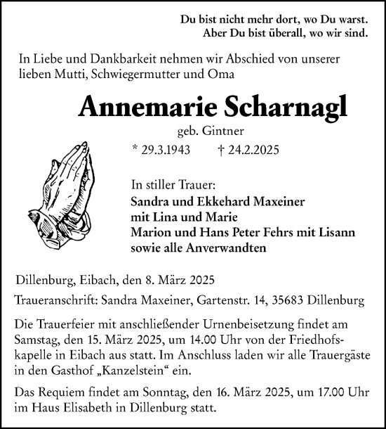 Traueranzeige von Annemarie Scharnagl von Dill Block