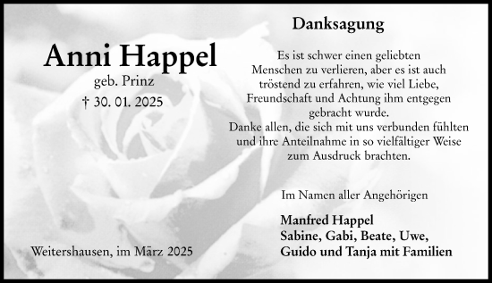 Traueranzeige von Anni Happel von Hinterländer Anzeiger