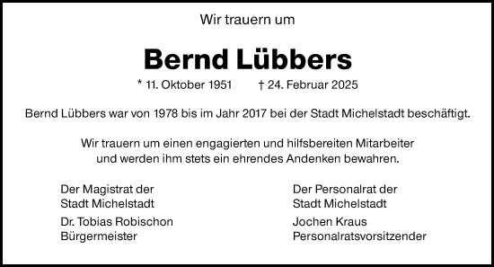 Traueranzeige von Bernd Lübbers von Odenwälder Echo