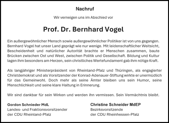 Traueranzeige von Bernhard Vogel von Allgemeine Zeitung Rheinhessen-Nahe