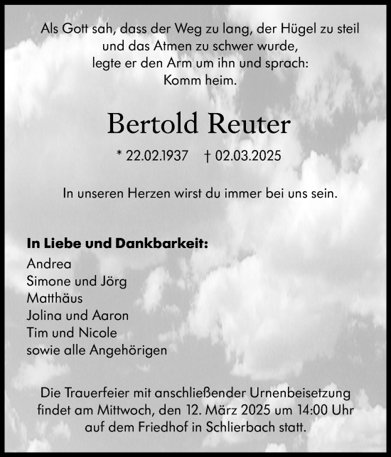 Traueranzeige von Bertold Reuter von Hinterländer Anzeiger