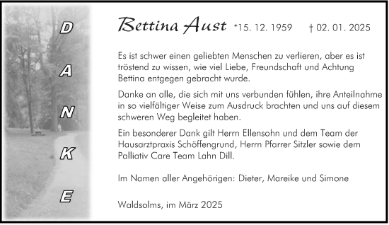 Traueranzeige von Bettina Aust von Wetzlarer Neue Zeitung