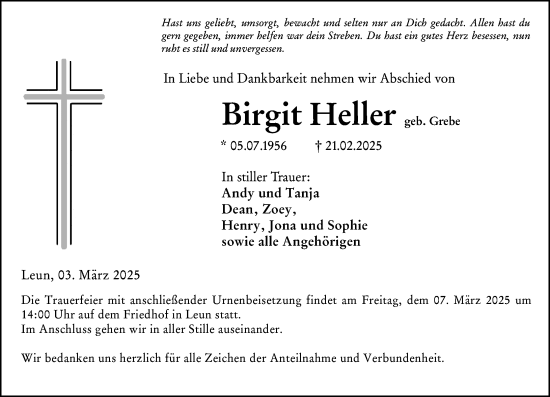 Traueranzeige von Birgit Heller von Wetzlarer Neue Zeitung