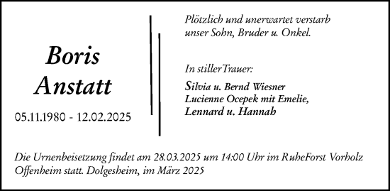 Traueranzeige von Boris Anstatt von Allgemeine Zeitung Mainz