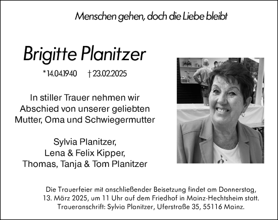 Traueranzeige von Brigitte Planitzer von Allgemeine Zeitung Mainz