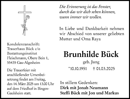 Traueranzeige von Brunhilde Bück von Allgemeine Zeitung Rheinhessen-Nahe