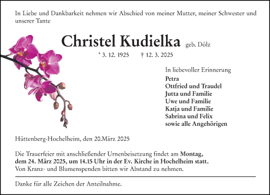 Traueranzeige von Christel Kudielka von Wetzlarer Neue Zeitung