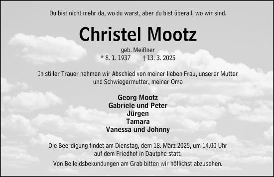 Traueranzeige von Christel Mootz von Hinterländer Anzeiger