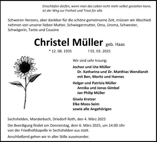 Traueranzeige von Christel Müller von Dill Block