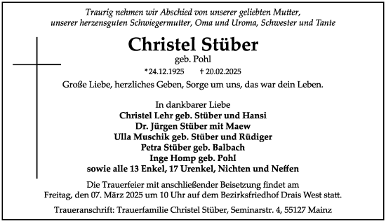 Traueranzeige von Christel Stüber von Allgemeine Zeitung Mainz