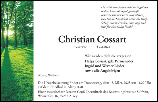 Traueranzeige von Christian Cossart von Allgemeine Zeitung Alzey