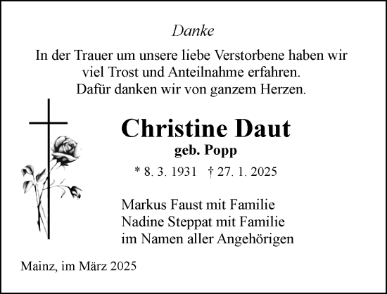 Traueranzeige von Christine Daut von Allgemeine Zeitung Mainz