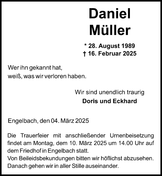 Traueranzeige von Daniel Müller von Hinterländer Anzeiger