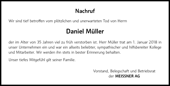 Traueranzeige von Daniel Müller von Hinterländer Anzeiger