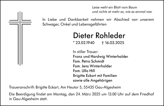Traueranzeige von Dieter Rohleder von Allgemeine Zeitung Rheinhessen-Nahe