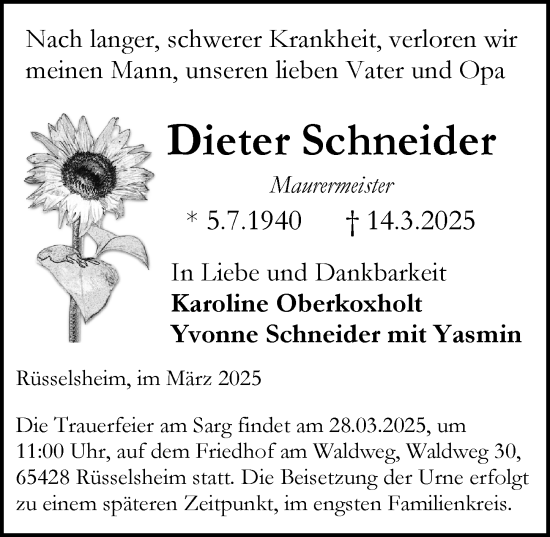 Traueranzeige von Dieter Schneider von Rüsselsheimer Echo