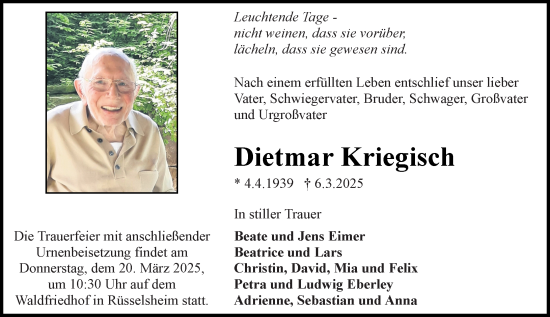 Traueranzeige von Dietmar Kriegisch von Rüsselsheimer Echo