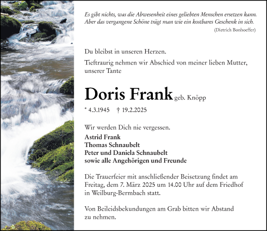 Traueranzeige von Doris Frank von Weilburger Tageblatt
