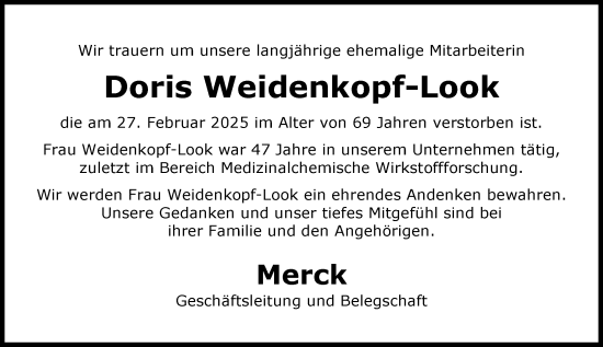 Traueranzeige von Doris Weidenkopf-Look von Darmstädter Echo