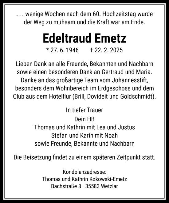 Traueranzeige von Edeltraud Emetz von Wetzlarer Neue Zeitung