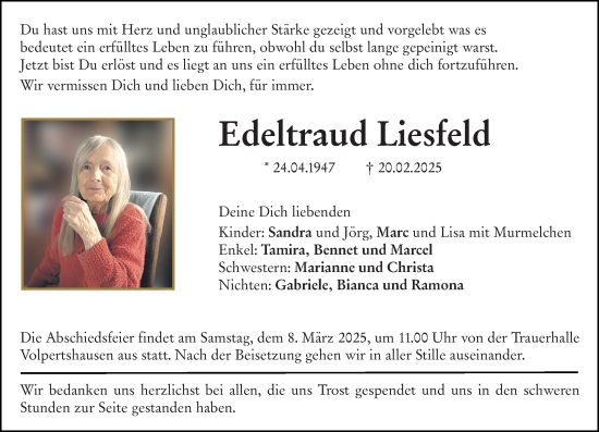 Traueranzeige von Edeltraud Liesfeld Liesfeld von Wetzlarer Neue Zeitung