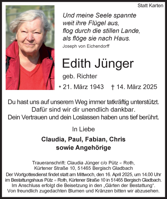 Traueranzeige von Edith Jünger von Weilburger Tageblatt