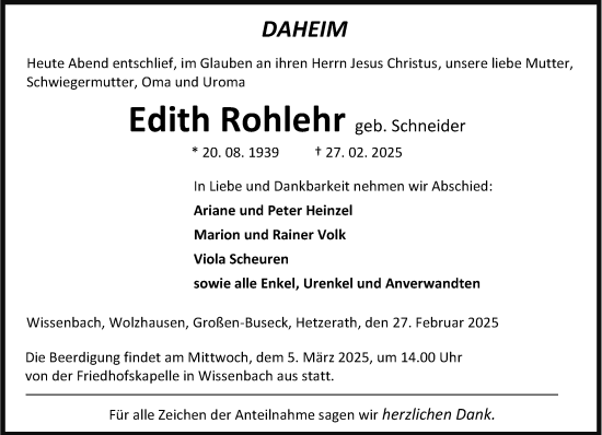 Traueranzeige von Edith Rohlehr von Dill Block