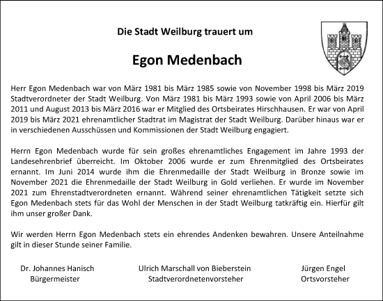 Traueranzeige von Egon Medenbach von Weilburger Tageblatt